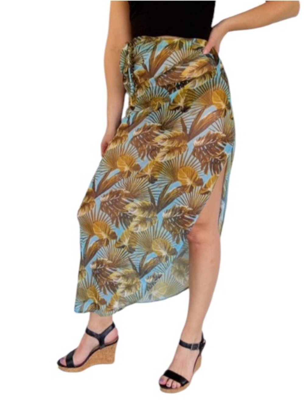 Sauvage blue green tropical palm print sheer mesh sarong swim coverup one size